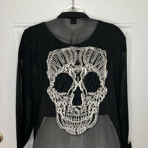 Skull Print Sheer Button Up Blouse